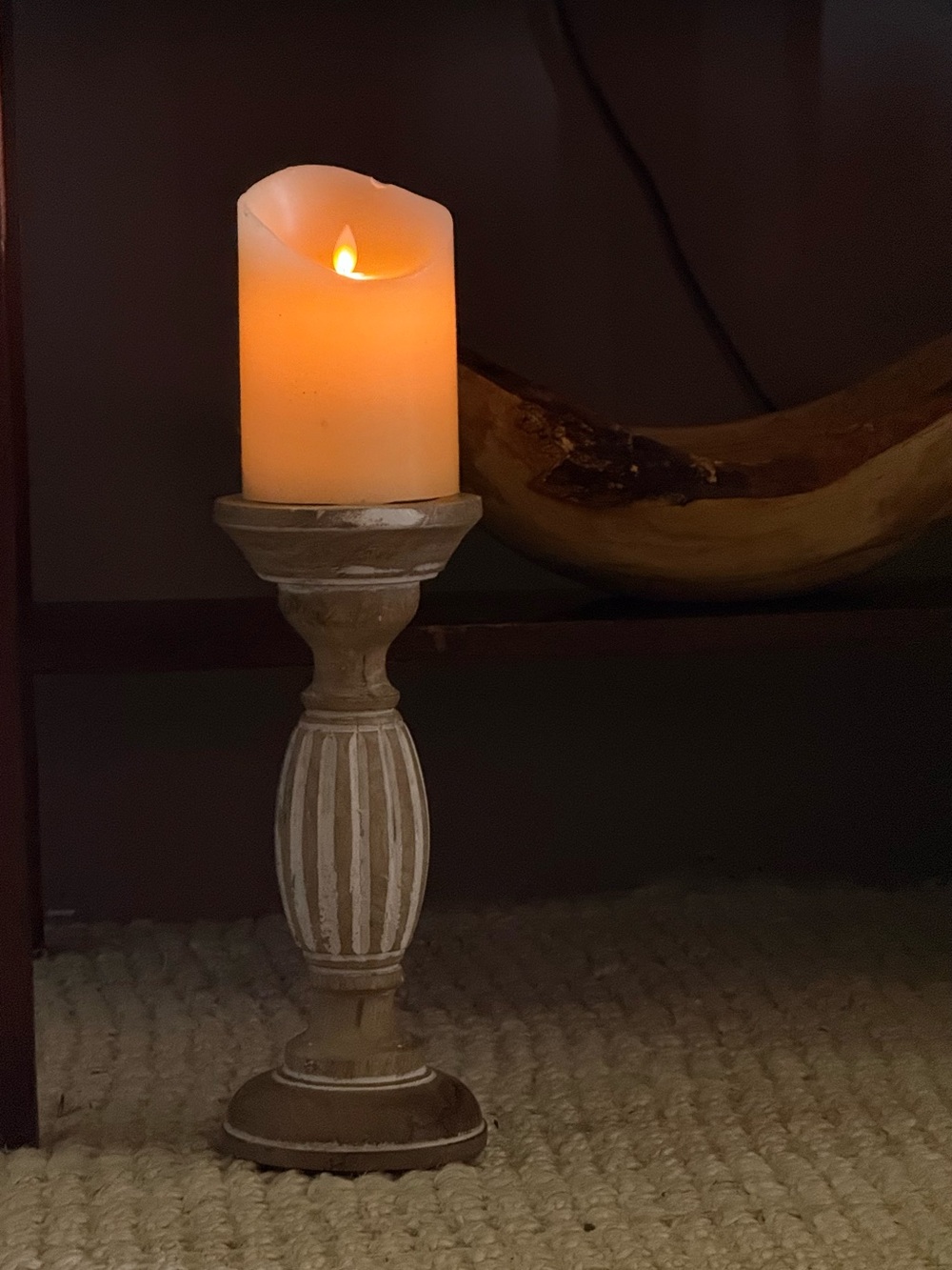 LED Flameless Pillar Candle on Distressed Wood Pedestal